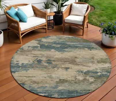 8' Teal Blue And Beige Round Abstract Washable Indoor Outdoor Area Rug