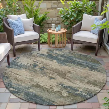 8' Teal Blue And Beige Round Abstract Washable Indoor Outdoor Area Rug