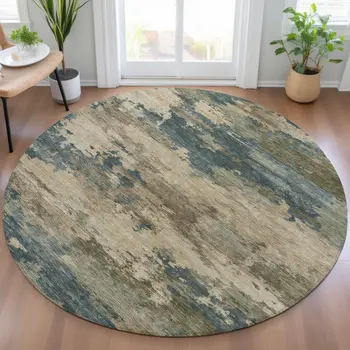 8' Teal Blue And Beige Round Abstract Washable Indoor Outdoor Area Rug
