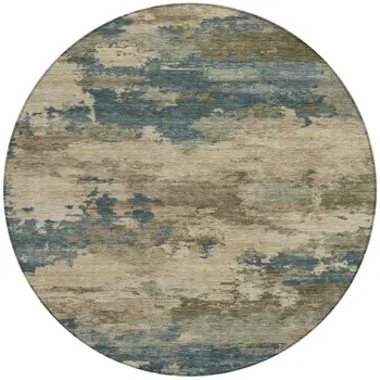 8' Teal Blue And Beige Round Abstract Washable Indoor Outdoor Area Rug
