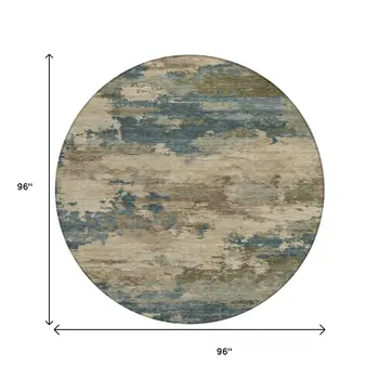 8' Teal Blue And Beige Round Abstract Washable Indoor Outdoor Area Rug