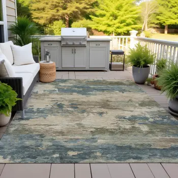 8' X 10' Teal Blue And Beige Abstract Washable Indoor Outdoor Area Rug