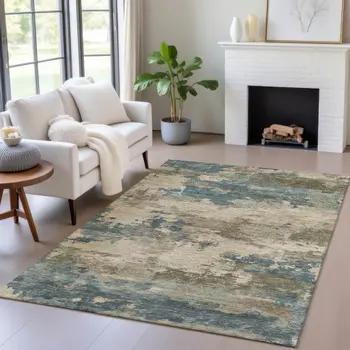 8' X 10' Teal Blue And Beige Abstract Washable Indoor Outdoor Area Rug