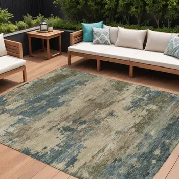 9' X 12' Teal Blue And Beige Abstract Washable Indoor Outdoor Area Rug