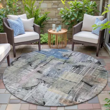 8' Blue Black And Copper Round Abstract Washable Indoor Outdoor Area Rug