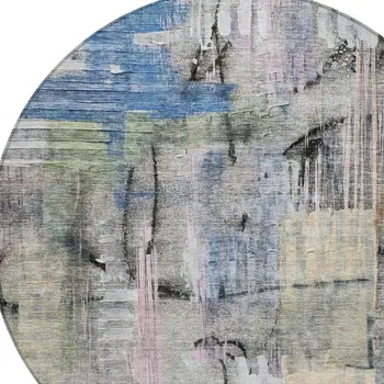8' Blue Black And Copper Round Abstract Washable Indoor Outdoor Area Rug