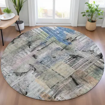 8' Blue Black And Copper Round Abstract Washable Indoor Outdoor Area Rug