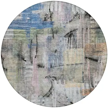 8' Blue Black And Copper Round Abstract Washable Indoor Outdoor Area Rug