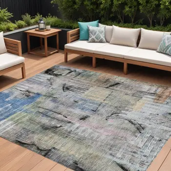 8' X 10' Blue Black And Copper Abstract Washable Indoor Outdoor Area Rug