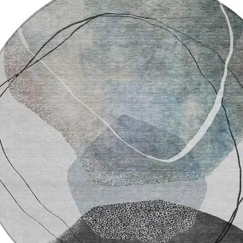 8' Ivory And Gray Round Abstract Washable Indoor Outdoor Area Rug
