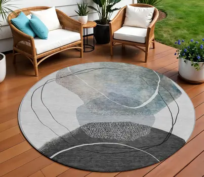 8' Ivory And Gray Round Abstract Washable Indoor Outdoor Area Rug