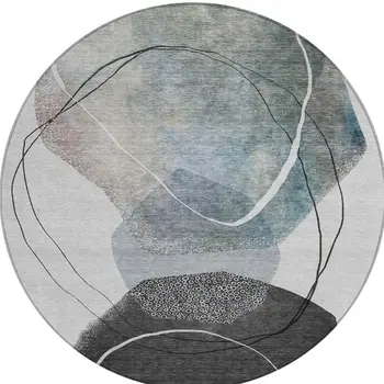 8' Ivory And Gray Round Abstract Washable Indoor Outdoor Area Rug