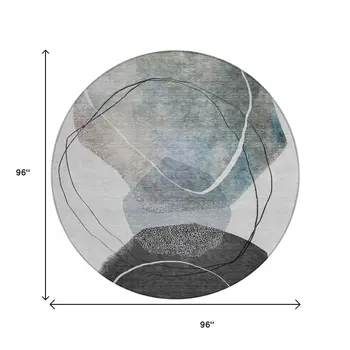 8' Ivory And Gray Round Abstract Washable Indoor Outdoor Area Rug