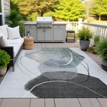 8' X 10' Ivory And Gray Abstract Washable Indoor Outdoor Area Rug