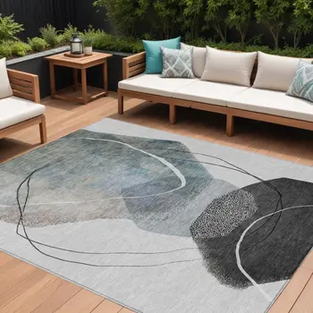 10' X 14' Ivory And Gray Abstract Washable Indoor Outdoor Area Rug