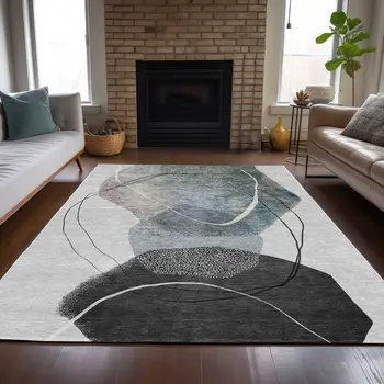 10' X 14' Ivory And Gray Abstract Washable Indoor Outdoor Area Rug