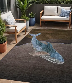 5' X 8' Brown And Denim Blue Animal Print Washable Indoor Outdoor Area Rug