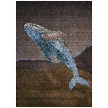 5' X 8' Brown And Denim Blue Animal Print Washable Indoor Outdoor Area Rug
