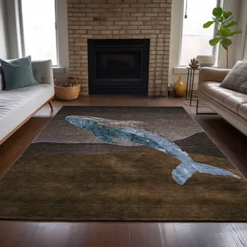 5' X 8' Brown And Denim Blue Animal Print Washable Indoor Outdoor Area Rug