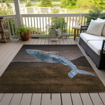 5' X 8' Brown And Denim Blue Animal Print Washable Indoor Outdoor Area Rug