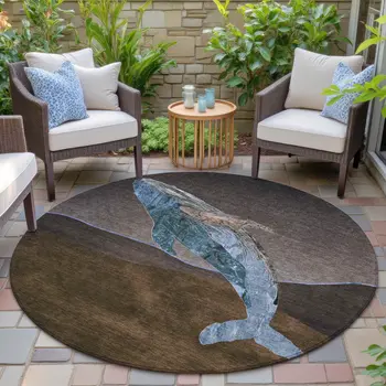 8' Brown And Denim Blue Round Animal Print Washable Indoor Outdoor Area Rug
