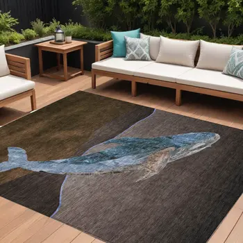 9' X 12' Brown And Denim Blue Animal Print Washable Indoor Outdoor Area Rug