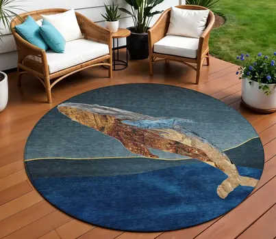 8' Blue And Brown Round Animal Print Washable Indoor Outdoor Area Rug