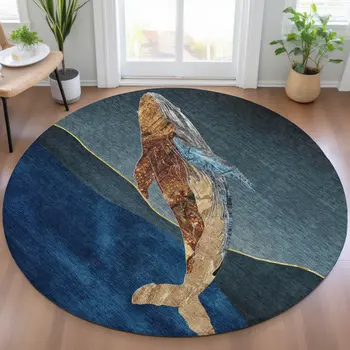8' Blue And Brown Round Animal Print Washable Indoor Outdoor Area Rug