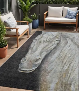 5' X 8' Ivory And Charcoal Animal Print Washable Indoor Outdoor Area Rug