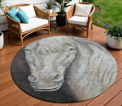 8' Ivory And Charcoal Round Animal Print Washable Indoor Outdoor Area Rug