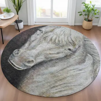 8' Ivory And Charcoal Round Animal Print Washable Indoor Outdoor Area Rug