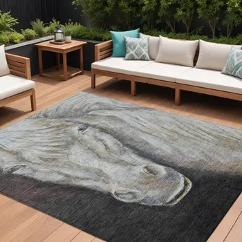 8' X 10' Ivory And Charcoal Animal Print Washable Indoor Outdoor Area Rug