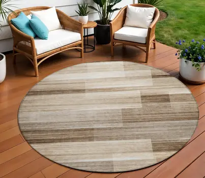 8' Brown And Ivory Round Striped Washable Indoor Outdoor Area Rug
