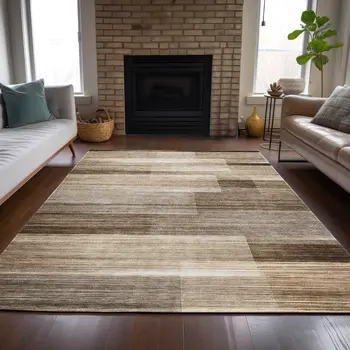 8' X 10' Brown And Ivory Striped Washable Indoor Outdoor Area Rug