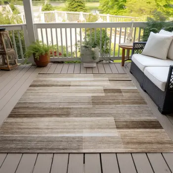 8' X 10' Brown And Ivory Striped Washable Indoor Outdoor Area Rug