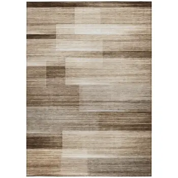 9' X 12' Brown And Ivory Striped Washable Indoor Outdoor Area Rug