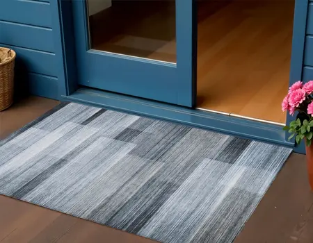 3' X 5' Denim Blue And Ivory Striped Washable Indoor Outdoor Area Rug