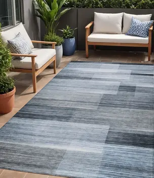 5' X 8' Denim Blue And Ivory Striped Washable Indoor Outdoor Area Rug