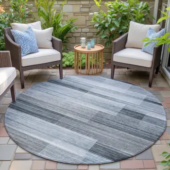 8' Denim Blue And Ivory Round Striped Washable Indoor Outdoor Area Rug