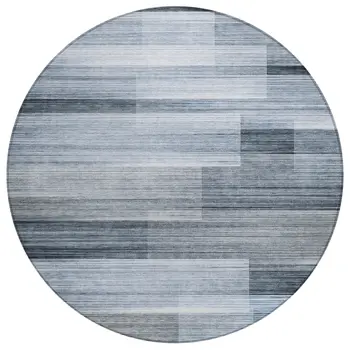 8' Denim Blue And Ivory Round Striped Washable Indoor Outdoor Area Rug