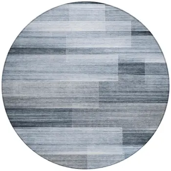 8' Denim Blue And Ivory Round Striped Washable Indoor Outdoor Area Rug