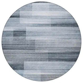 8' Denim Blue And Ivory Round Striped Washable Indoor Outdoor Area Rug