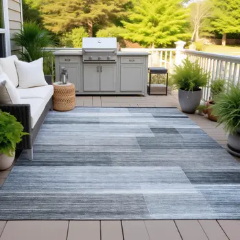 9' X 12' Denim Blue And Ivory Striped Washable Indoor Outdoor Area Rug