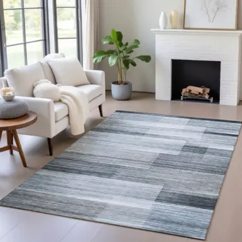 9' X 12' Denim Blue And Ivory Striped Washable Indoor Outdoor Area Rug