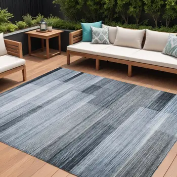 10' X 14' Denim Blue And Ivory Striped Washable Indoor Outdoor Area Rug