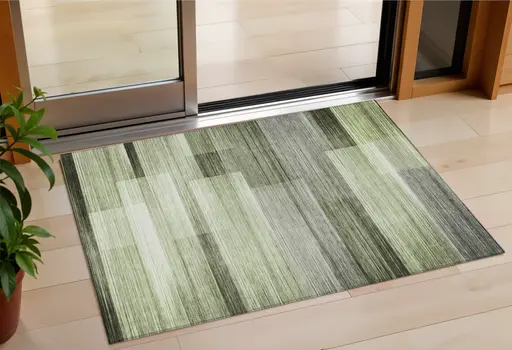 3' X 5' Green And Ivory Striped Washable Indoor Outdoor Area Rug