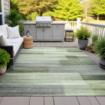 3' X 5' Green And Ivory Striped Washable Indoor Outdoor Area Rug