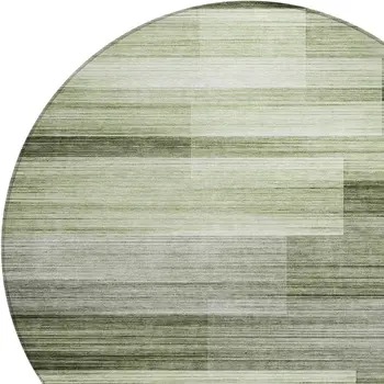 8' Green And Ivory Round Striped Washable Indoor Outdoor Area Rug