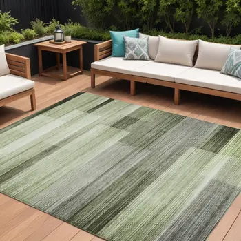 10' X 14' Green And Ivory Striped Washable Indoor Outdoor Area Rug