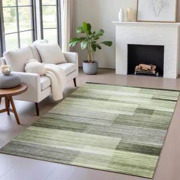 10' X 14' Green And Ivory Striped Washable Indoor Outdoor Area Rug